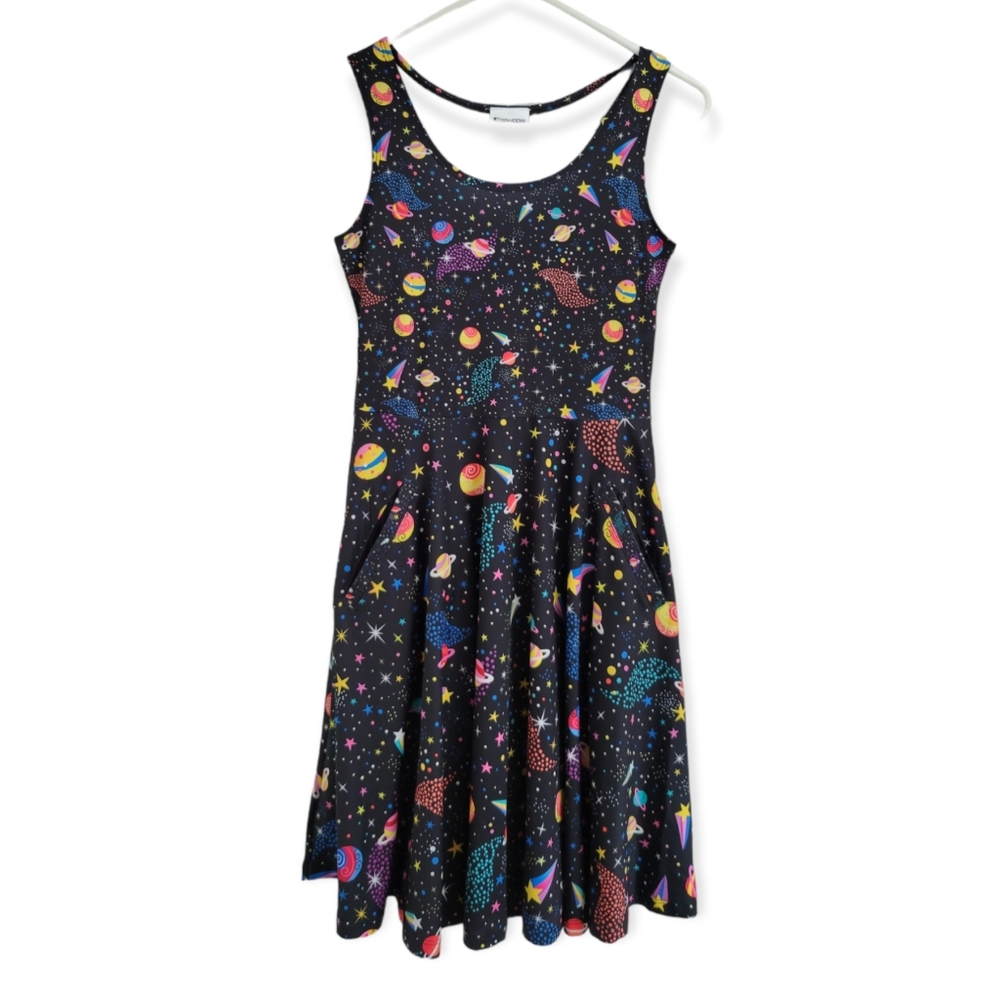 Galaxy Print Black Tank Dress - Space Pattern Skater Dress